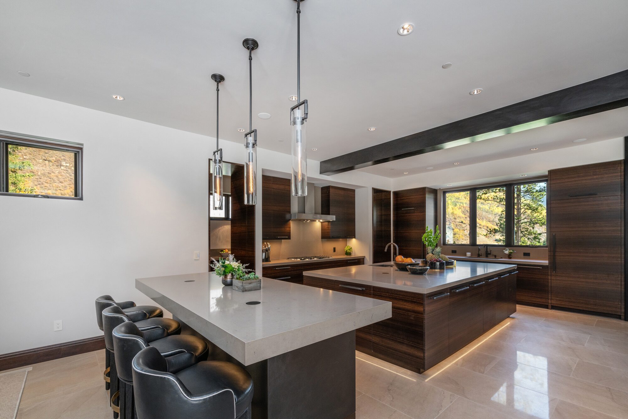 Kitchen with breakfast bar, fumed eucalyptus cabinets and mountain views