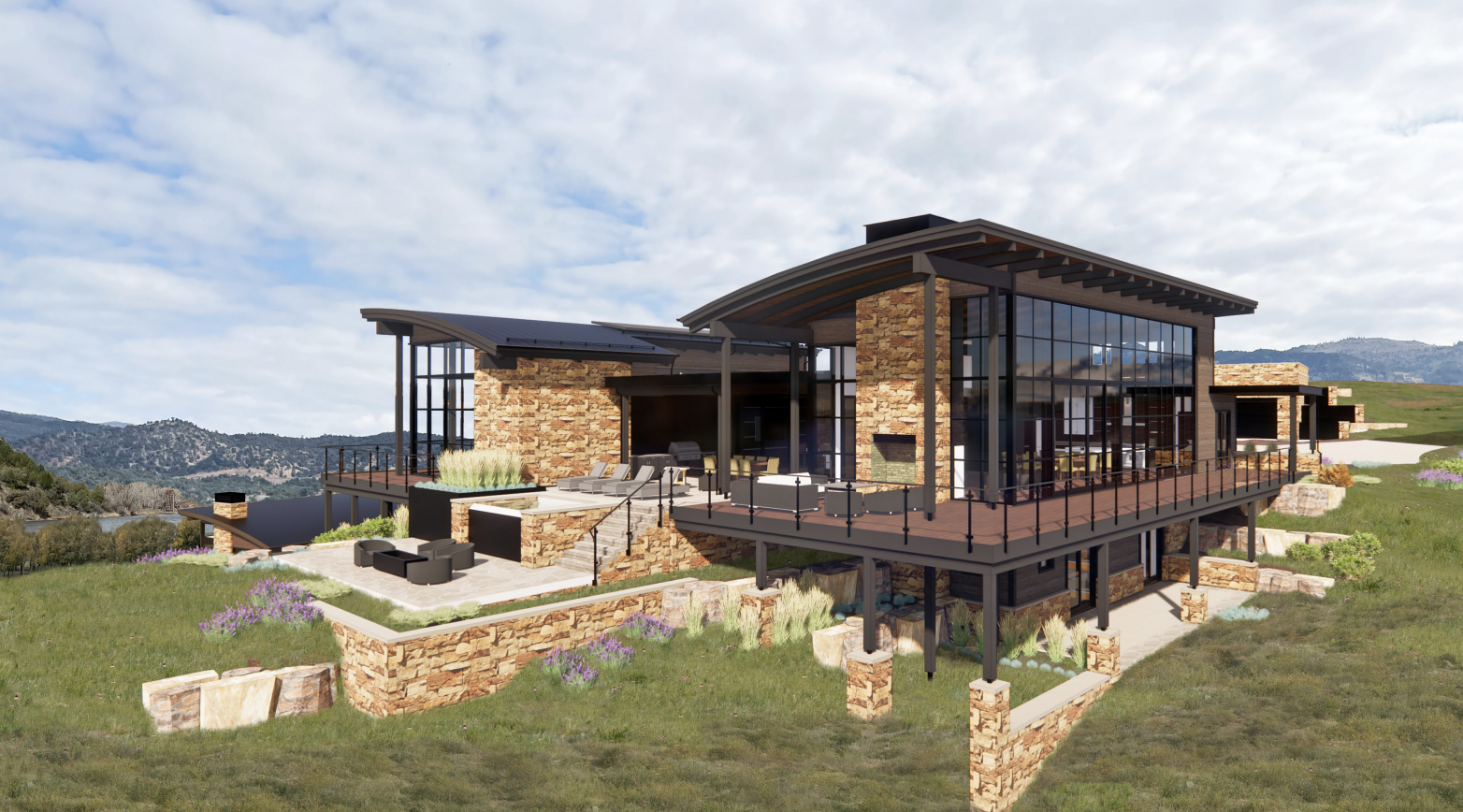 Mountain home with stone and glass exterior