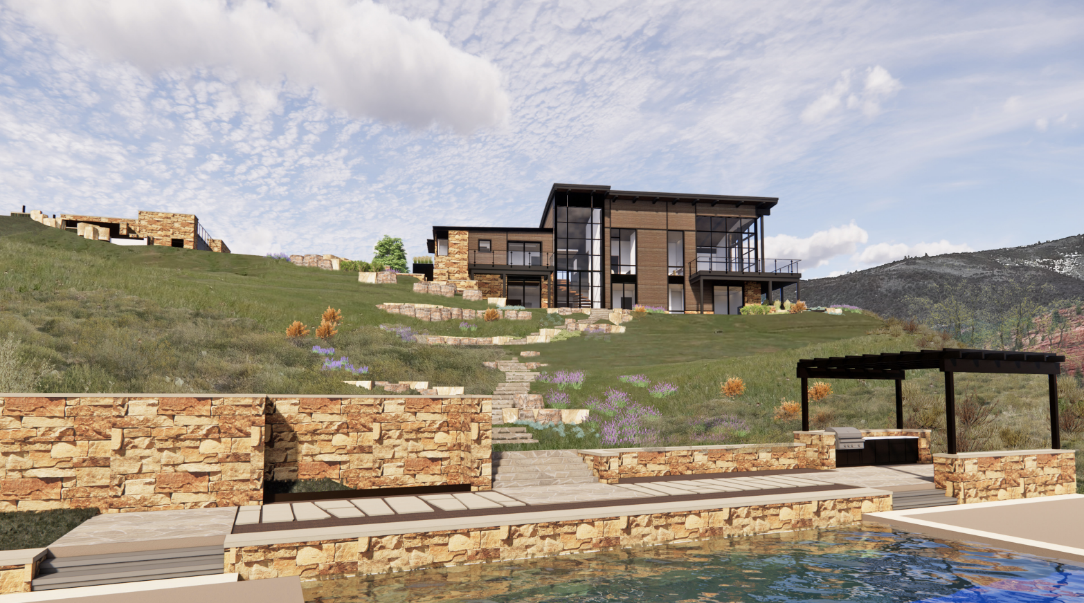 Mountain home with pool and stone terracing