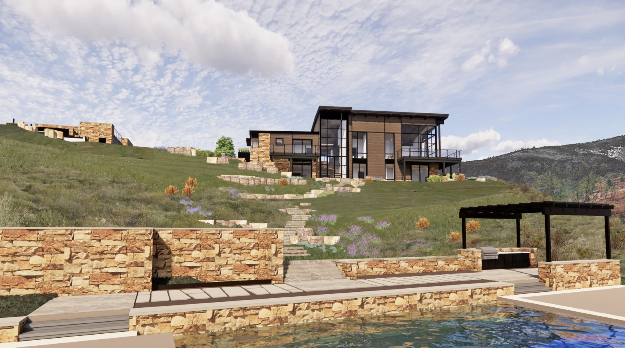 Mountain home with pool and stone terracing