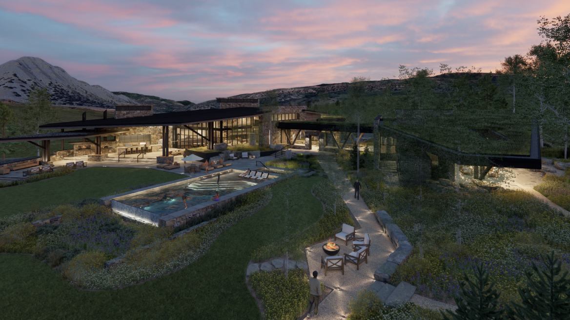 Mountain retreat rendering at dusk
