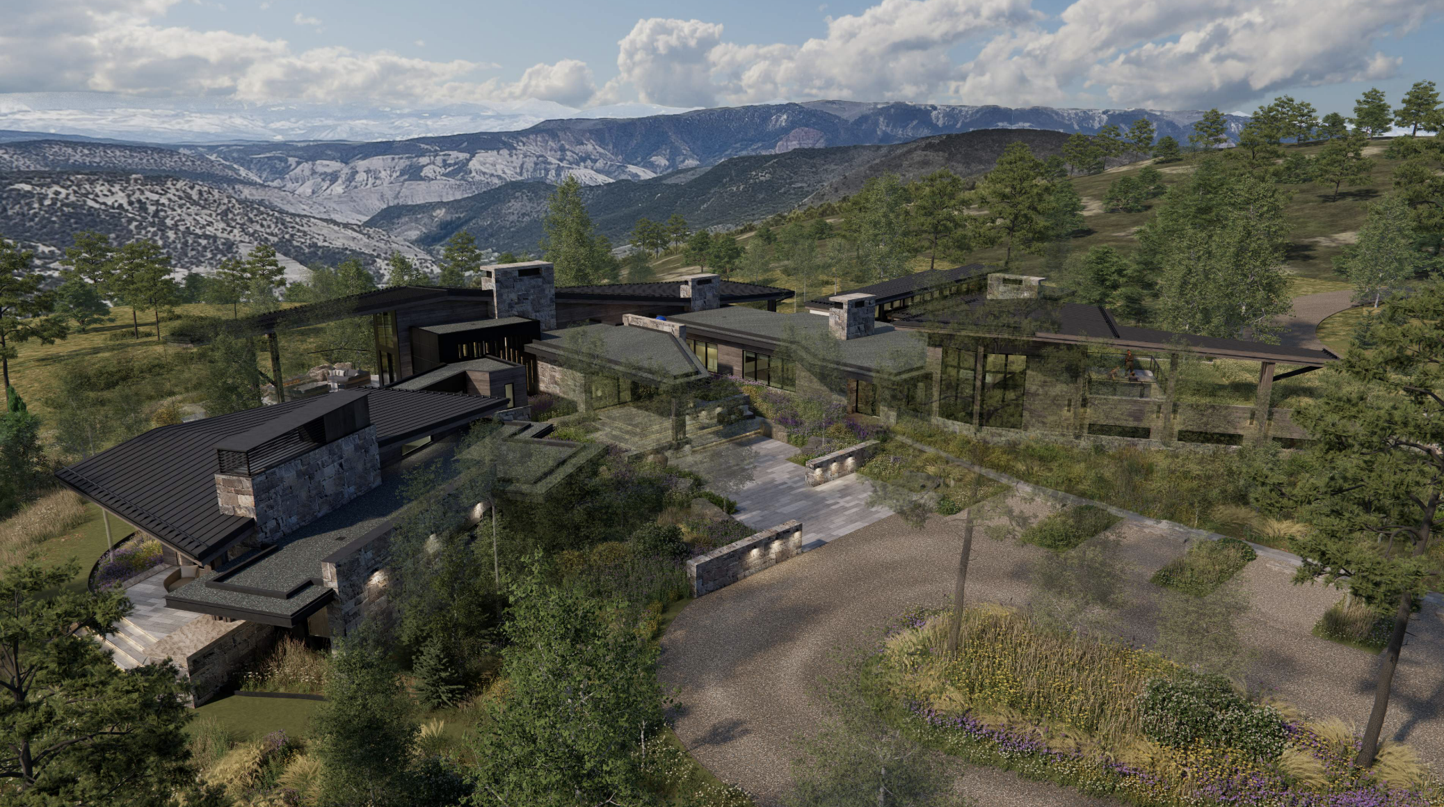Modern mountain estate aerial rendering
