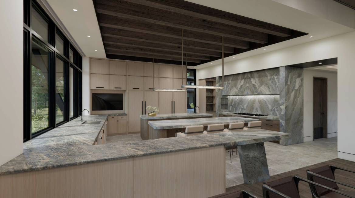 Luxury kitchen with marble countertops and wood ceiling